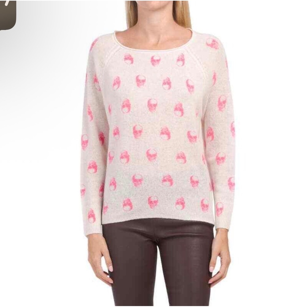 Skull Cashmere Cream Crewneck Sweater with Pink Dot Skull Motif